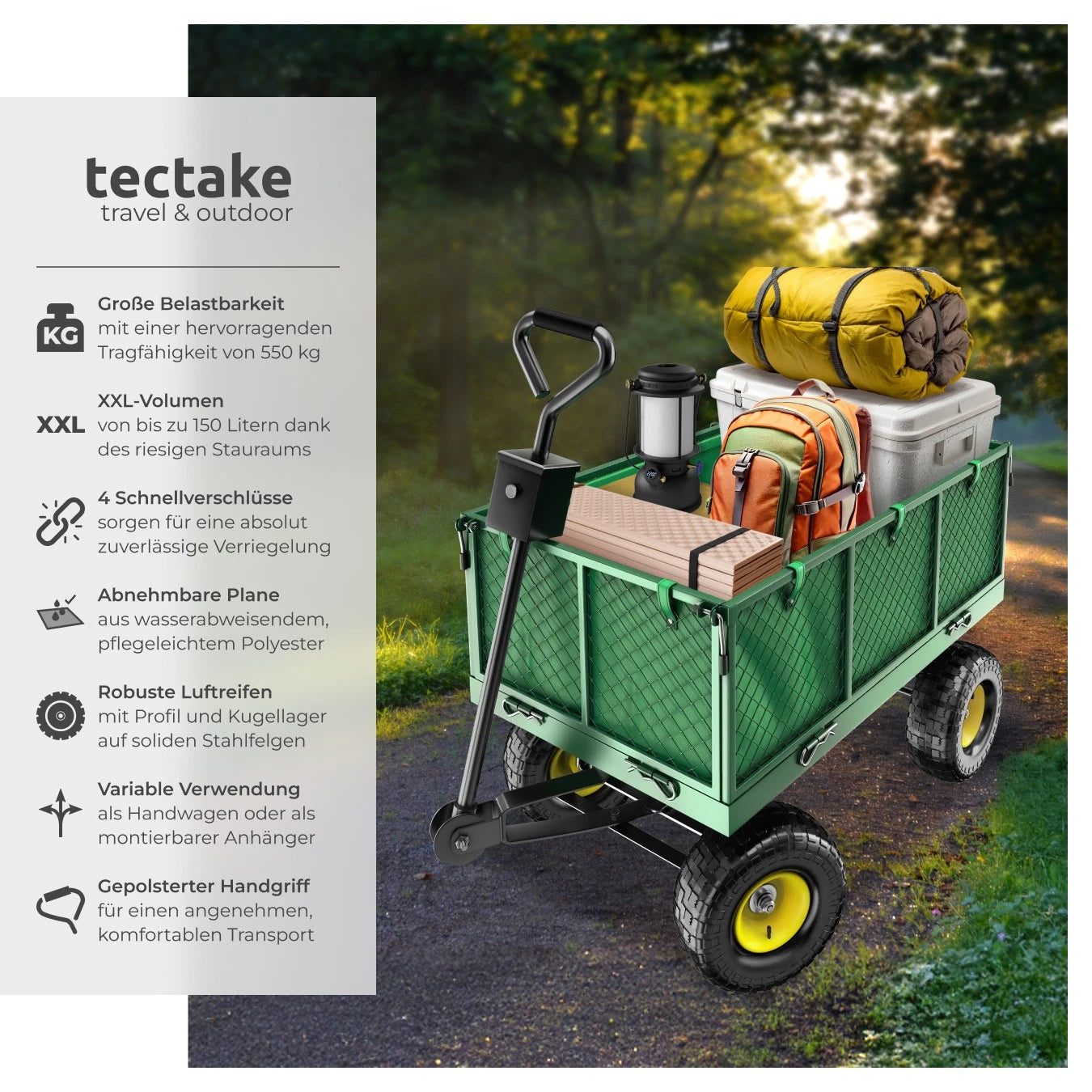 Bollerwagen XXL Handwagen 550 kg – Garten- & Transportwagen mit Luftreifen und Abdeckplane