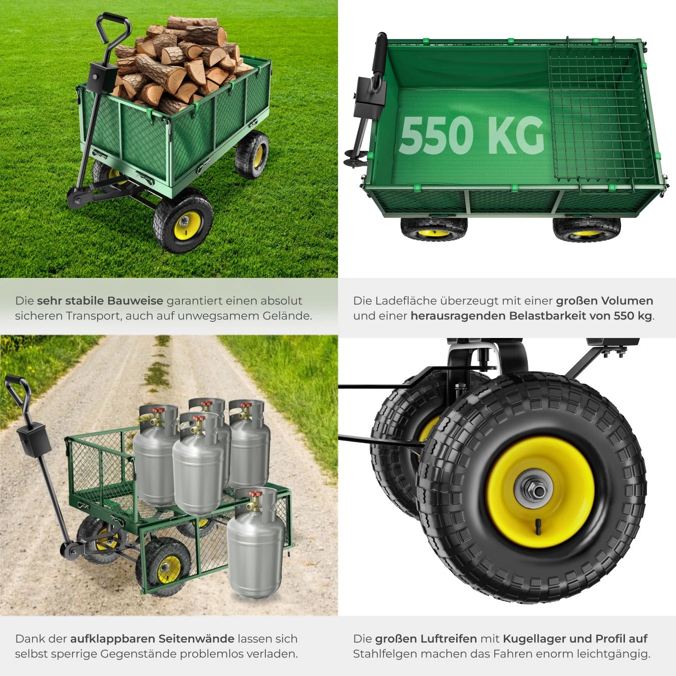 Bollerwagen XXL Handwagen 550 kg – Garten- & Transportwagen mit Luftreifen und Abdeckplane